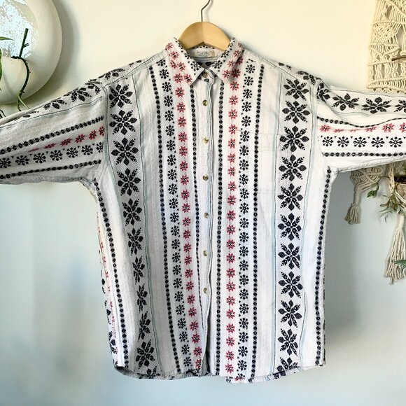 Vintage Woven Boho Stripe Pattern Button Up Collar Shirt Top Granola Grandmacore - Picture 2 of 16